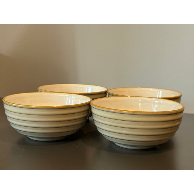 Off-white Vintage Mid-Century Modern Dansk Reactic Khaki Soup & Cereal Bowls Ribbed Stoneware - Set of 4 For Sale - Image 8 of 12