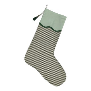 Handmade Green Stripe Christmas Stocking with Dark Green Piping For Sale