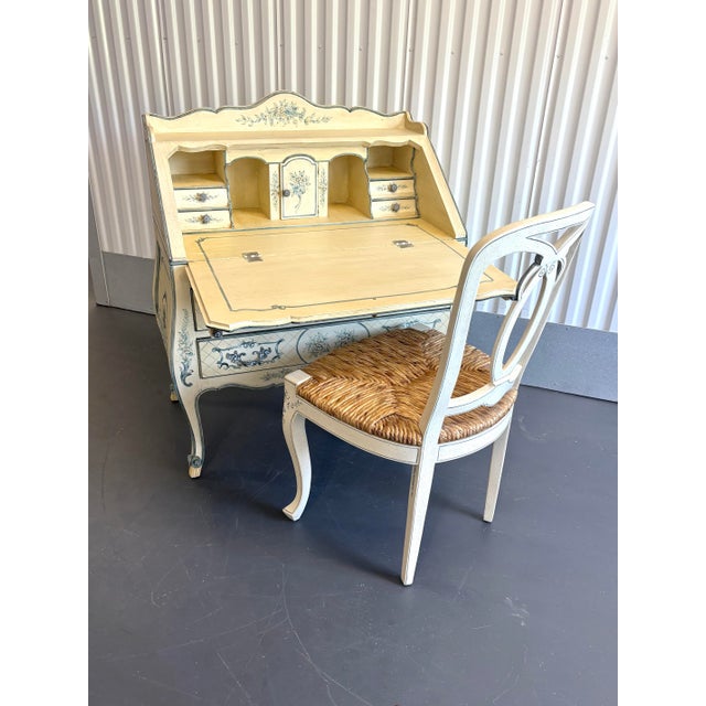 Wood Vintage La Barge Hand Painted Blue and White French Secretary Desk and Chair For Sale - Image 7 of 11