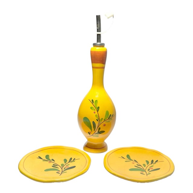 Ceramic Yellow & Orange Olive Oil Dispenser Cruet Bottle & Appetizer Plates - 3 pcs For Sale