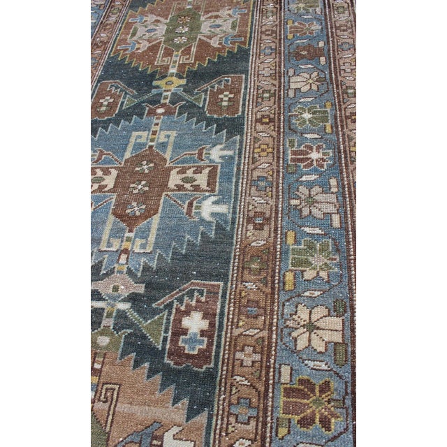 Textile Antique Persian Hamadan Runner With Angular Medallion Design in Soft Blue, Green For Sale - Image 7 of 12