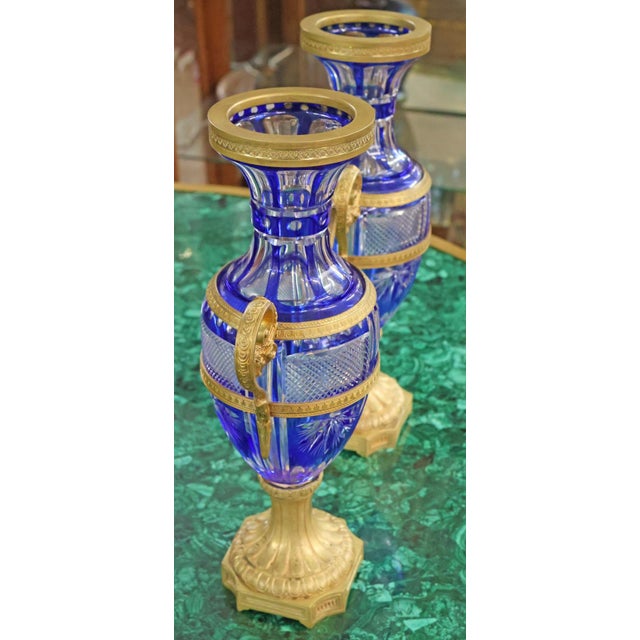 Pair of Late 19th Century Neoclassical Russian Bronze & Cut Cobalt Glass Vases For Sale - Image 13 of 17