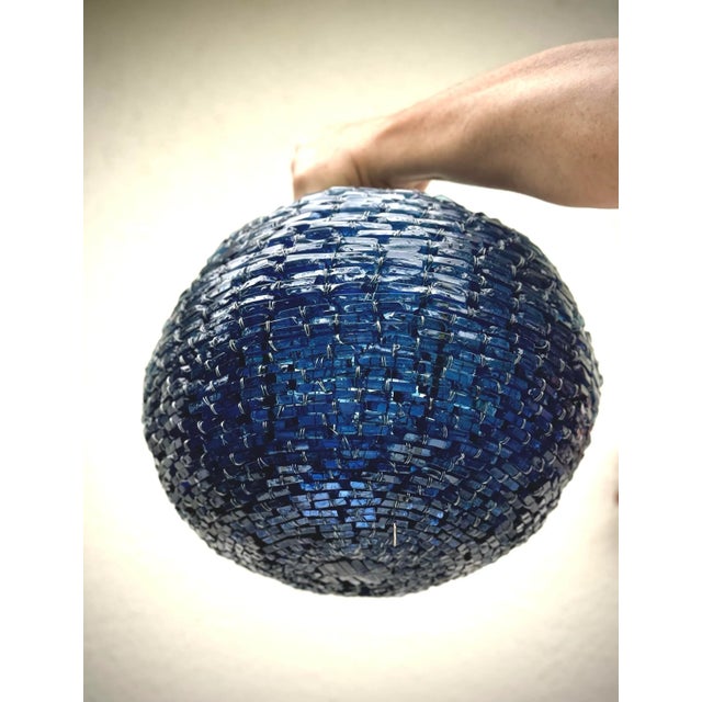 Beautiful vintage bespoke blue cut-glass stacked globe shaped pendant light. Blue glass portion is 12” diameter and 10”...