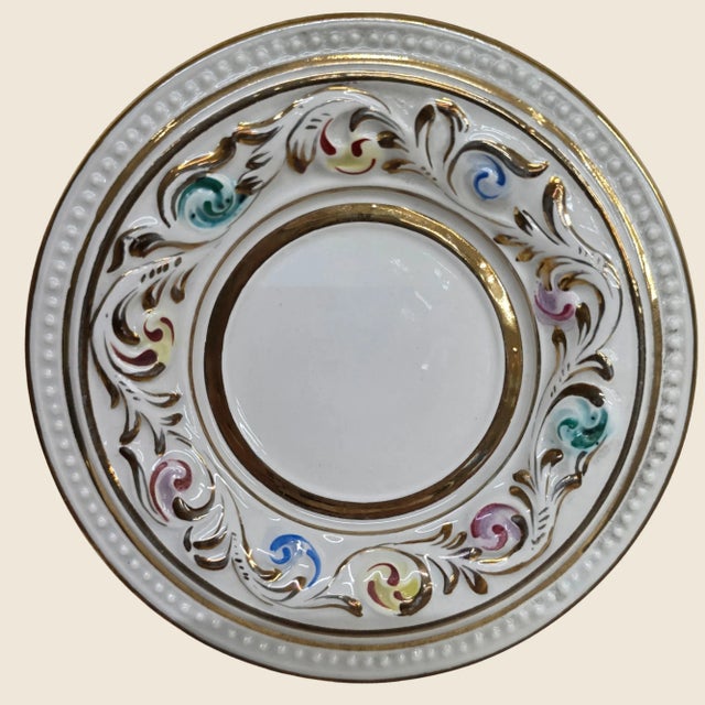 1950s Vintage Porcelain Tea Cup & Saucer Set Hand-Painted White, Gold & Jewel Tones- 12 Pieces For Sale - Image 11 of 18