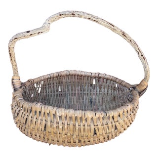 Rustic Whitewashed Wavy Vine/Rattan Gathering Basket For Sale