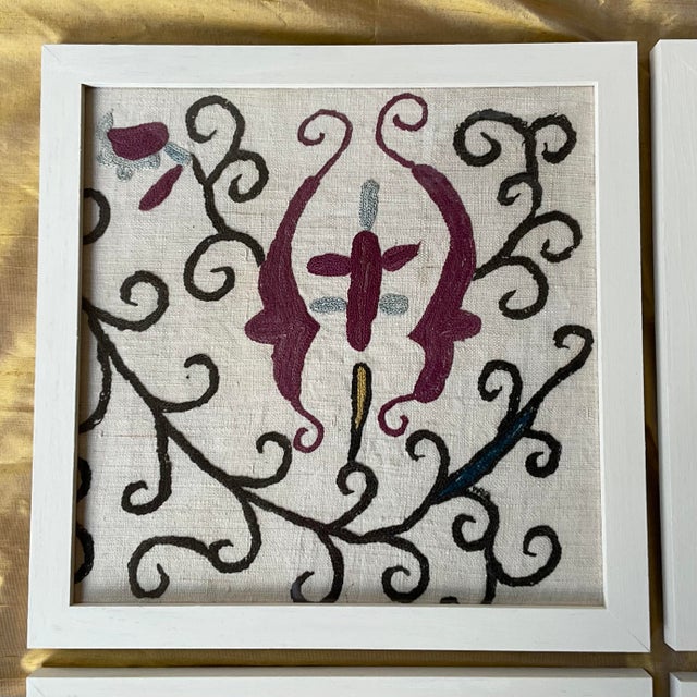 Purple Set of 4 Antique Uzbek Suzani Textile Fragments - Framed Hand-Embroidery. For Sale - Image 8 of 10