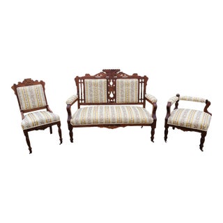 1890s Eastlake Parlor Suite Set of 3 Settee Sofa Accent Chair and Corner Chair For Sale