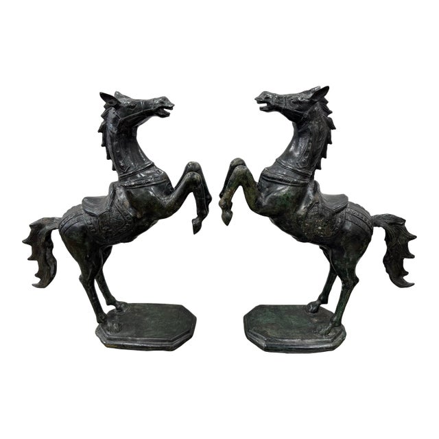 Pair of Prancing Metal Horse Statues Sculptures For Sale