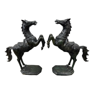 Pair of Prancing Metal Horse Statues Sculptures