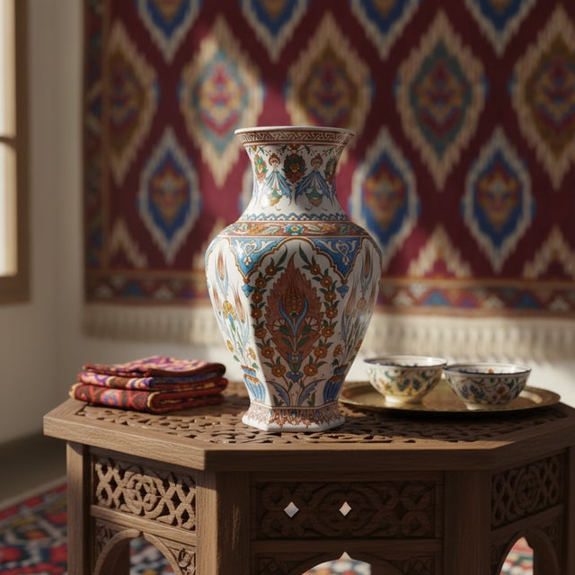 Turkish Handmade Ceramic Iznik Vase (Faceted Form) Russet Brown and Turquoise Floral For Sale - Image 3 of 9