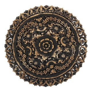 Vintage Antique Burn Boho Carved Medallion Wall Panel 24" For Sale