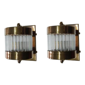 1940s Art Deco Brass & Clear Glass Rod Wall Sconces - Set of 2