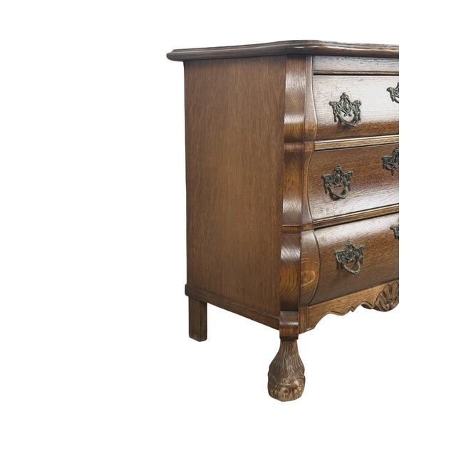 Baroque Vintage Dutch Baroque Revival Oak Bombé Three-Drawer Chest With Paw Feet For Sale - Image 3 of 18