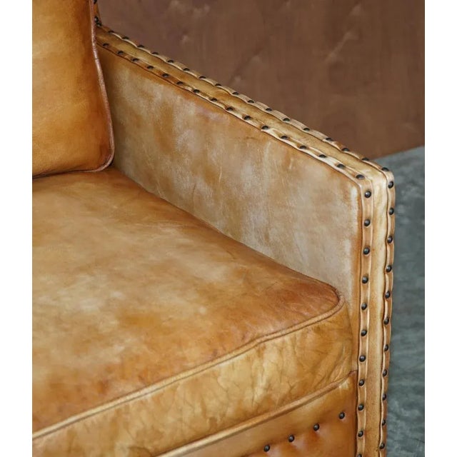 Wood Brown Leather Edwardian Style Seat Sofa For Sale - Image 7 of 14
