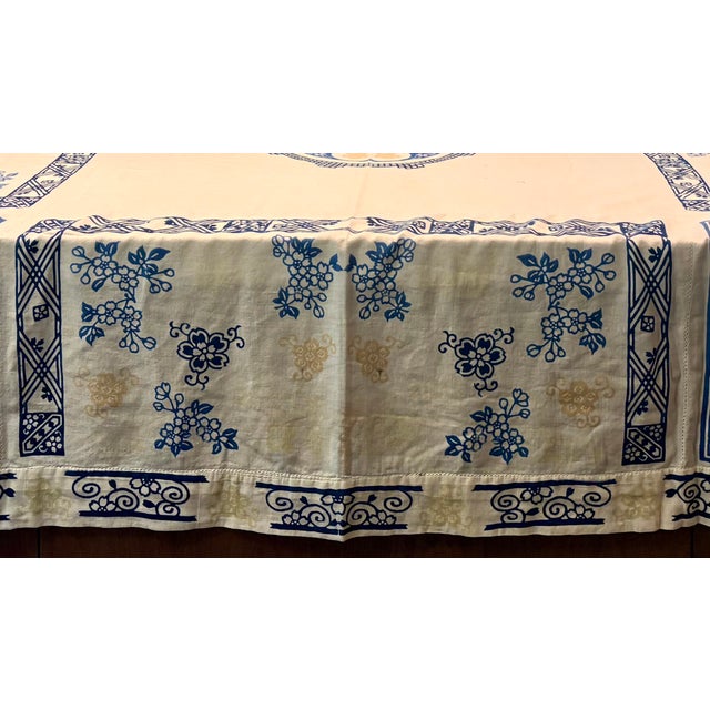 Chinoiserie Vintage Blue and White Hand Blocked Chinoiserie Hemstitched Linen Table Cloth For Sale - Image 3 of 10