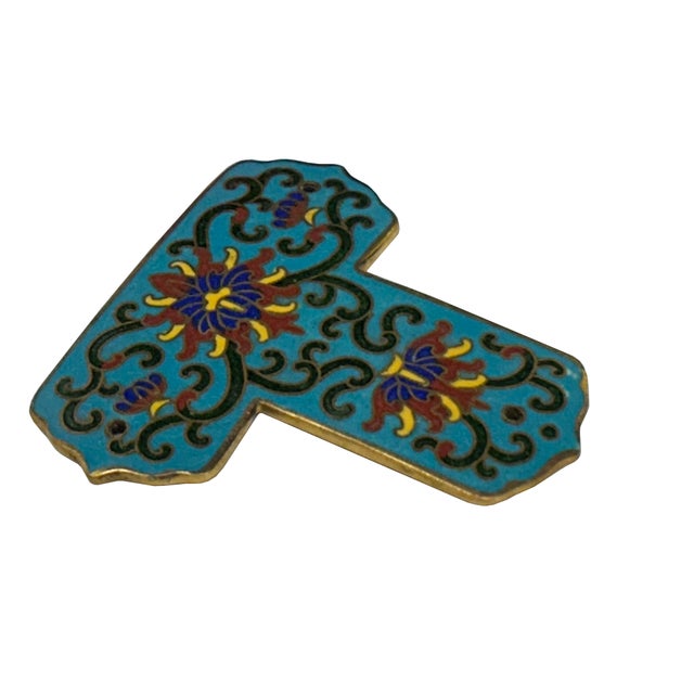 Set of 2 Turquoise Enamel Cloisonne T Shape Metal Decor Plaque Art For Sale - Image 4 of 7