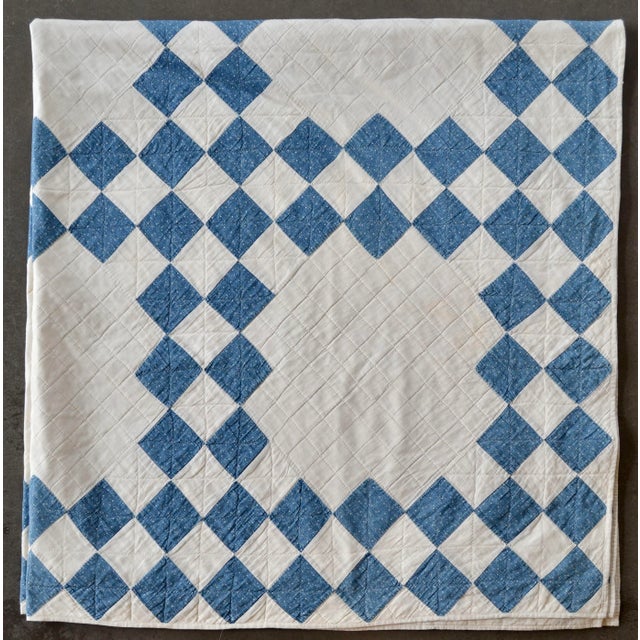 1940s Indigo and White Double Irish Chain Antique Quilt - For Sale - Image 4 of 10