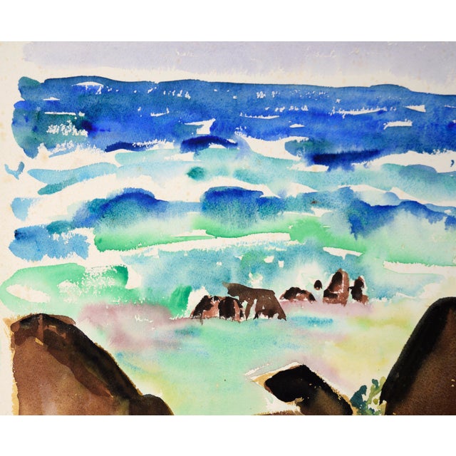 Paper Modernist Rocky Californian Seascape in Watercolor on Paper by Lucile Marie Johnston For Sale - Image 7 of 9