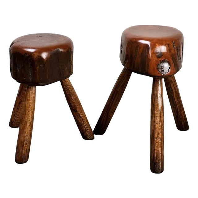 Pair Vintage Live Edge Wabi Sabi Cherry Stools Signed Neil Panyik For Sale