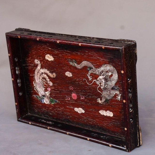 Vintage Zitan Wood Tray With Mother-of-Pearl Dragon & Phoenix Inlay For Sale In Los Angeles - Image 6 of 8