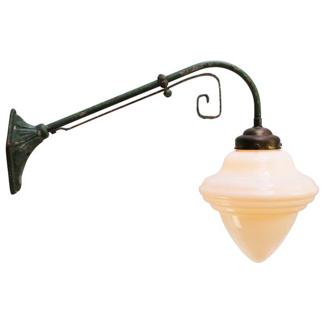 French Green Cast Iron and Opaline Glass Wall Light For Sale - Image 6 of 9