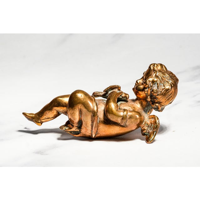 Heavy Classical Figurine Vintage Solid Metal Cherub Putti With Bird Sculpture Paperweight Home Decor Art For Sale - Image 10 of 13
