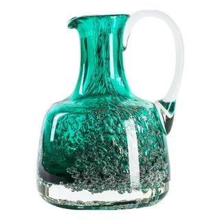Vintage Bubble Green Glass Pitcher, Austria, Mid-20th Century For Sale