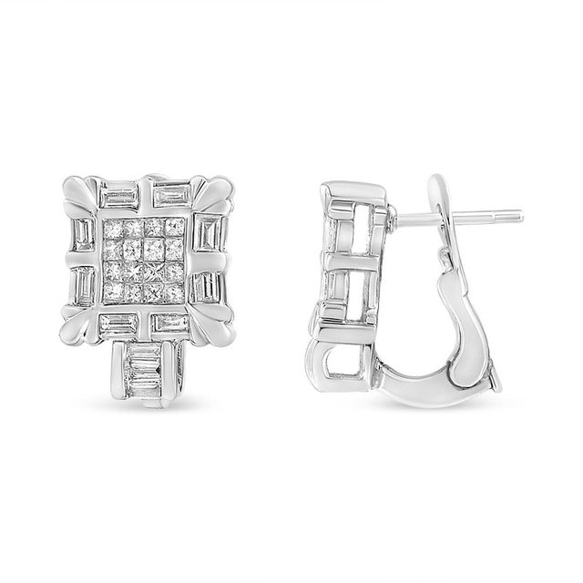 Contemporary 14K White Gold 1.0 Cttw Princess and Baguette-Cut Diamond Square Framed Huggie Hoop Omega Earrings (H-I Color, SI1-SI2 Clarity) For Sale - Image 3 of 5