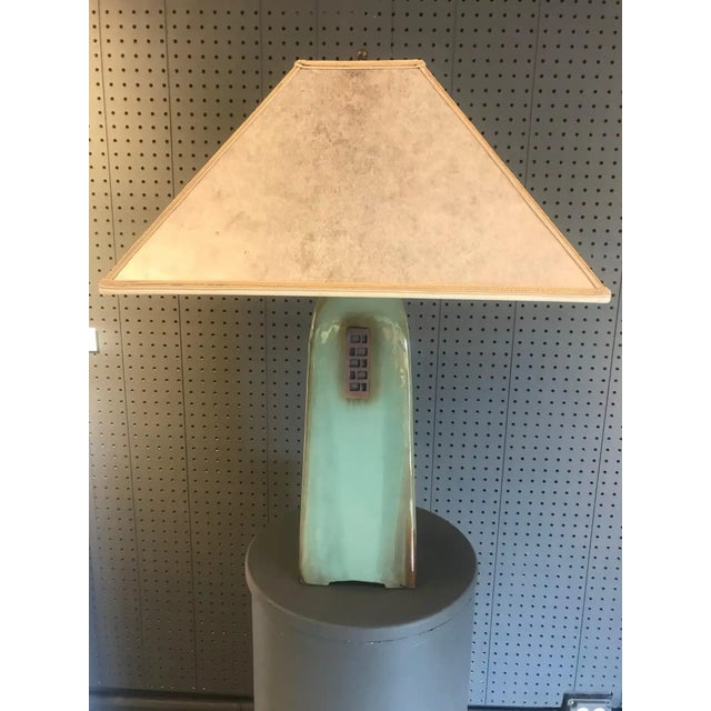 Gorgeous 26 inch high North Union Collection lamp in celadon glaze with silver mica shade by renowned artist Jim Webb....
