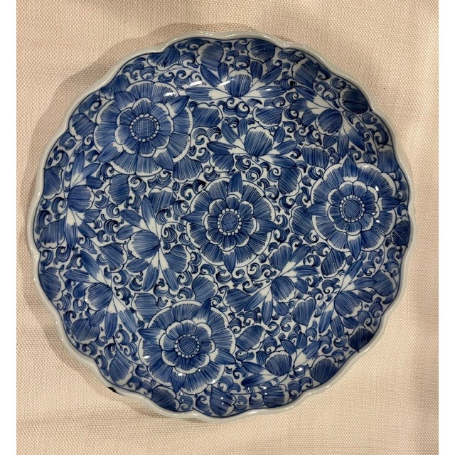 Antique Blue and White Japanese Floral Plate With Scalloped Edge For Sale - Image 16 of 18