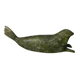 Antique Signed Carved Green Soapstone Canadian Seal Eskimo Sculpture Inuit For Sale