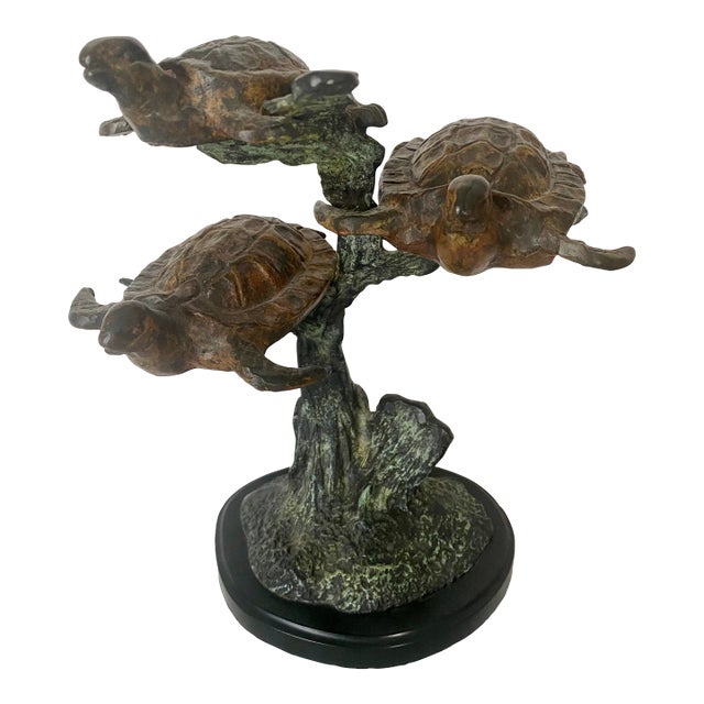 Vintage Sea Turtle Trio Swimming Around Reef, Bronze Sculpture For Sale