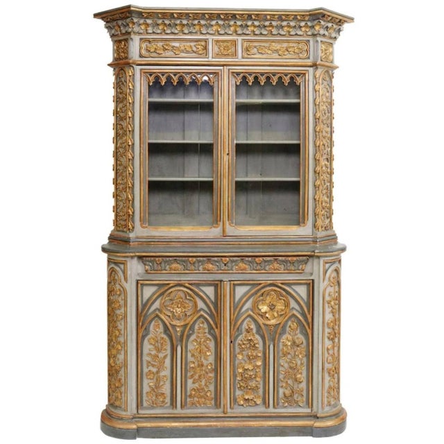 Monumental 19th Century Gothic Revival Carved Painted Gilded Wood Glass Door Two-Piece Hutch Buffet China Cabinet For Sale - Image 4 of 9