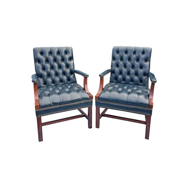 Chesterfield Tufted Blue Leather Arm Chairs A Pair. English Style With Brass Nailhead Accent's Pairs of beautiful chairs...