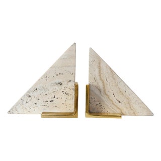 Matthew Izzo Home Trio Triangle Travertine Marble Bookends With Brass Base For Sale