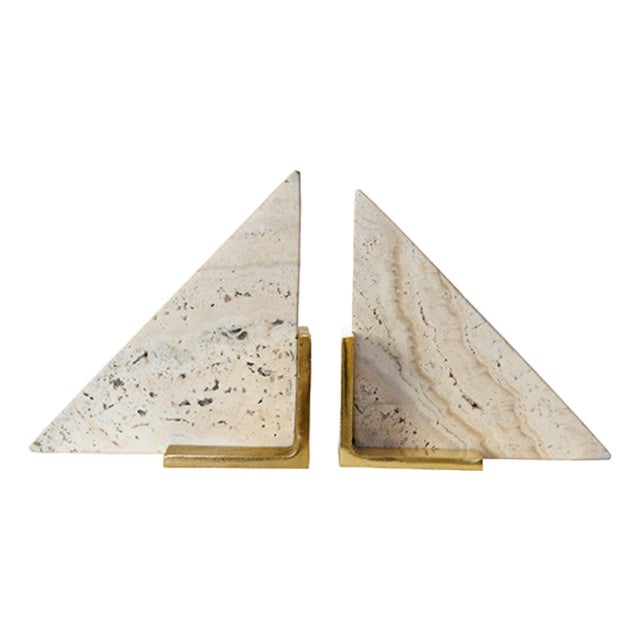 Matthew Izzo Home Trio Triangle Travertine Marble Bookends With Brass Base For Sale