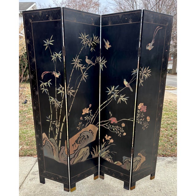 Exquisite Chinese Export Four Panel Coromandel Screen With Birds in Landscape For Sale - Image 11 of 15