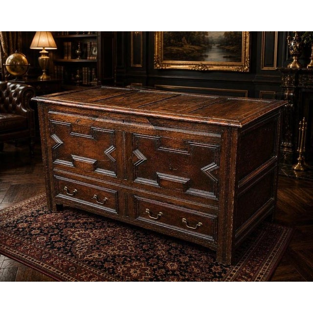 A substantial and highly decorative Victorian solid oak mule chest or coffer, dating to the mid-19th century, circa 1850,...
