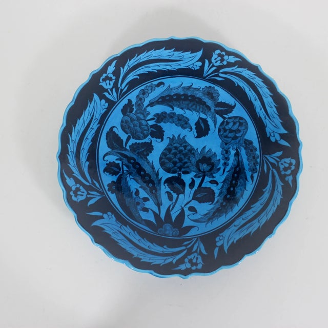 Boho Chic Vintage Turkish Ceramic Wall Plate, Signed by Artist, Hand Painted Boho Decor, Styling Pomegranate Floral Deep Blue Teal Black For Sale - Image 3 of 10