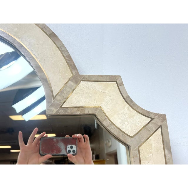 Cream 1970s Italian Postmodern Travertine Tesserae Console Table With Matching Mirror and Brass Trim For Sale - Image 8 of 12