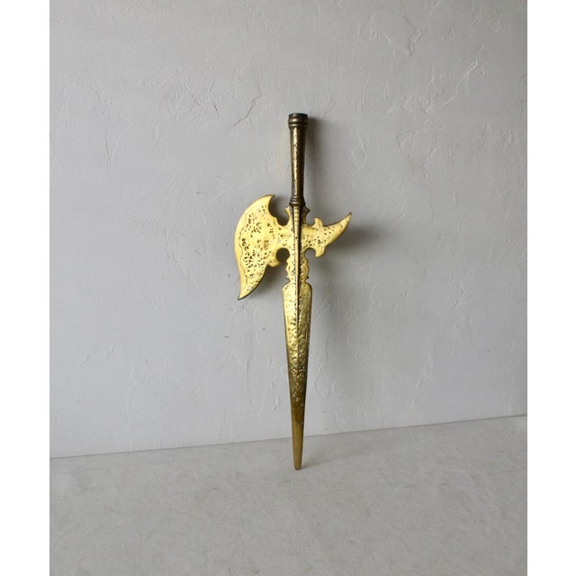 Mid 20th Century Vintage Ornate Brass Finish Decorative Gothic Halberd Spear Axe Hook Wall Mount For Sale - Image 5 of 11