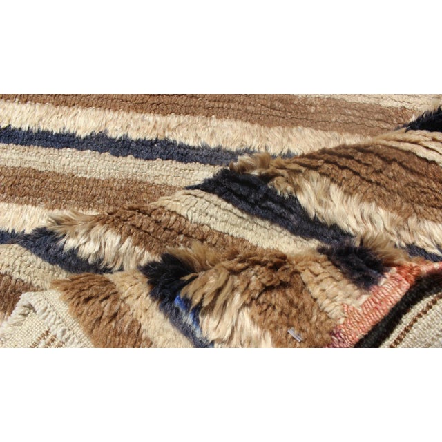 Mid 20th Century Turkish Angora Tulu Vintage Rug With Stripe Pattern Light Brown & Navy Blue For Sale - Image 10 of 12