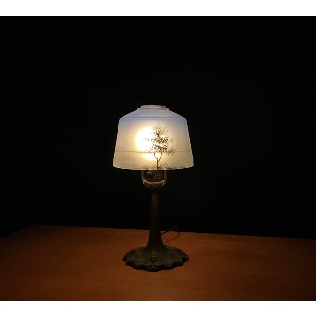 Metal Antique Aladdin Art Nouveau Glass & Cast Metal Reverse Painted Tree Landscape Bourdoir Table Lamp For Sale - Image 7 of 12