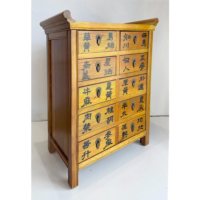 Late 20th Century Vintage Chinese Apothecary Cabinet, Painted Calligraphy, 10 Drawers For Sale - Image 5 of 7