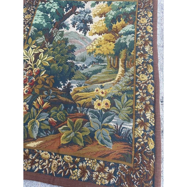 Beautiful vintage French jacquard-woven tapestry dating from the mid-20th century, featuring a charming pastoral landscape...