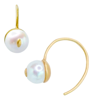 Cat Eye Pearl 18k Gold Hook Earrings, A Pair