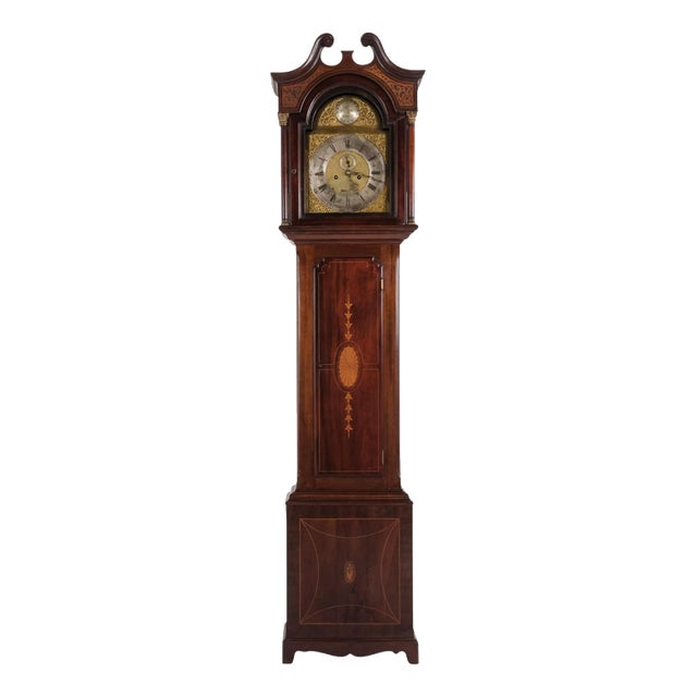 English Mahogany Longcase Clock with Marquetry and Brass Dial, 1880s For Sale