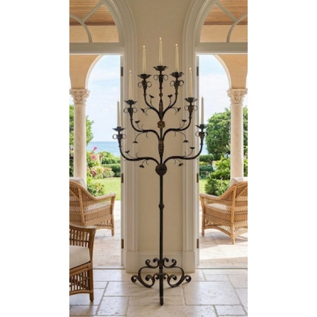 64-Inch Spanish Revival Wrought Iron Nine-Light Tree Form Floor Candelabra For Sale - Image 9 of 12