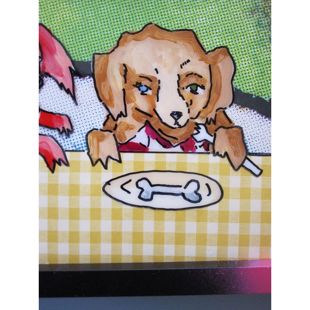 Puppy Love by Louis Recchia | Acrylic & Collage on Plexiglas Two cartoon dogs at a table with a bone. For Sale - Image 4 of 4