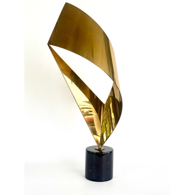Metal Vintage 1980's Curtis Jere Brass Ribbon Sculpture on a Marble Base For Sale - Image 7 of 12